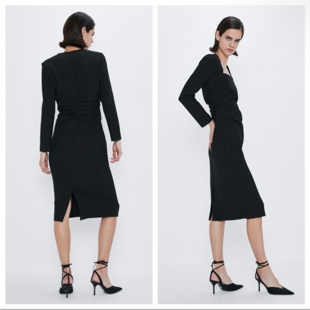 Zara Black Long Sleeve Square Neck Ruched Draped Ponte MIDI Dress - Picture 5 of 11
